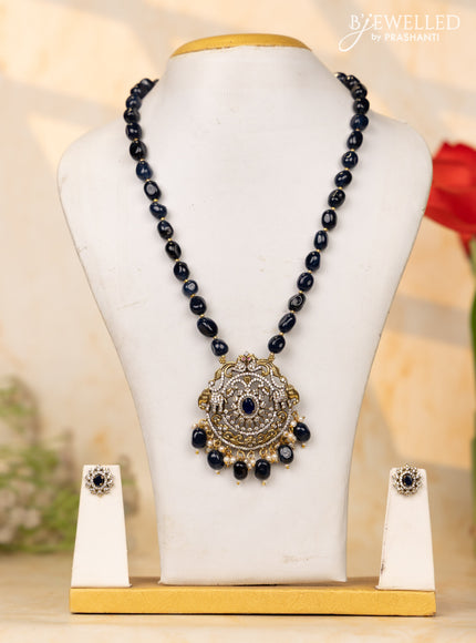 Beaded navy blue necklace with sapphire & cz stones and beads hangings in victorian finish