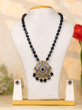 Beaded navy blue necklace with sapphire & cz stones and beads hangings in victorian finish