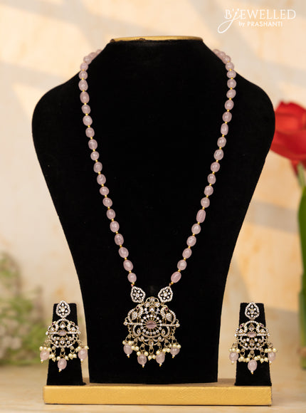 Beaded baby pink necklace with cz stones and beads hangings in victorian finish
