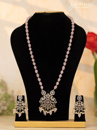 Beaded baby pink necklace with cz stones and beads hangings in victorian finish