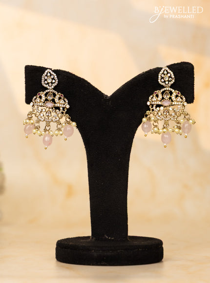 Beaded baby pink necklace with cz stones and beads hangings in victorian finish
