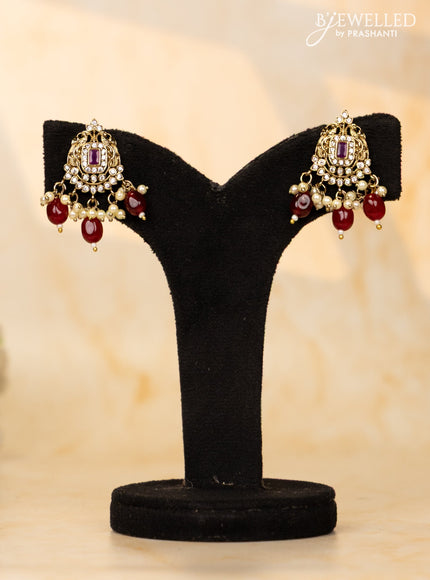 Beaded maroon necklace with ruby & cz stones and beads hangings in victorian finish