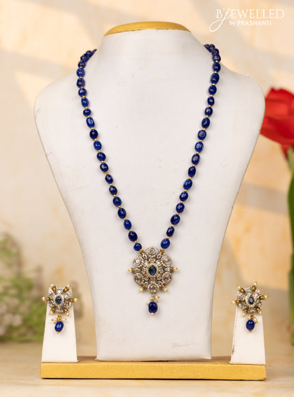 Beaded blue necklace with sapphire & cz stones and beads hangings in victorian finish