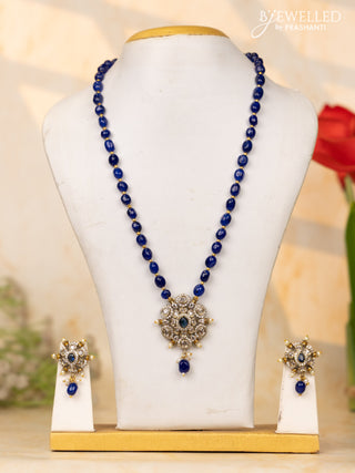Beaded blue necklace with sapphire & cz stones and beads hangings in victorian finish