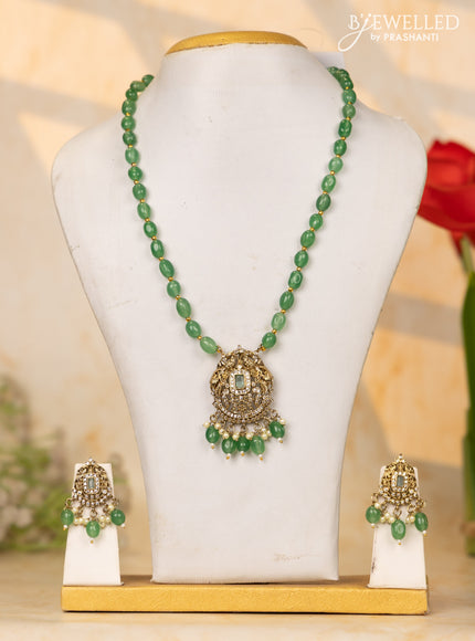 Beaded mint green necklace with cz stones and beads hangings in victorian finish