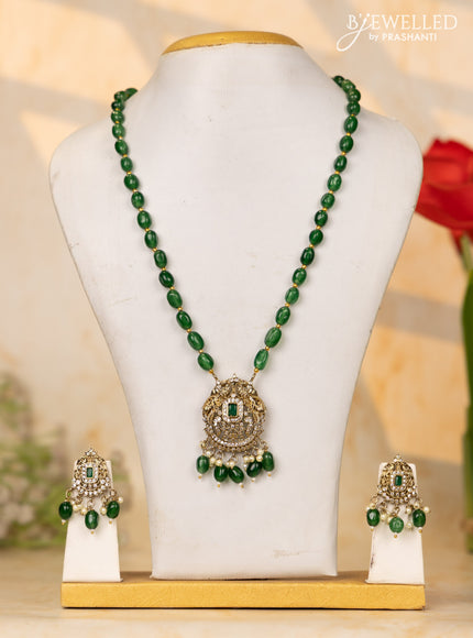 Beaded green necklace with emerald & cz stones and beads hangings in victorian finish