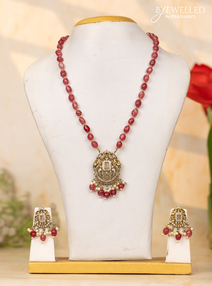 Beaded pink necklace with emerald & cz stones and beads hangings in victorian finish