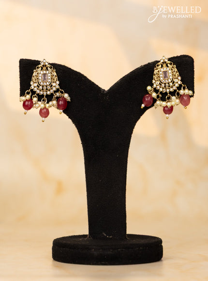 Beaded pink necklace with emerald & cz stones and beads hangings in victorian finish