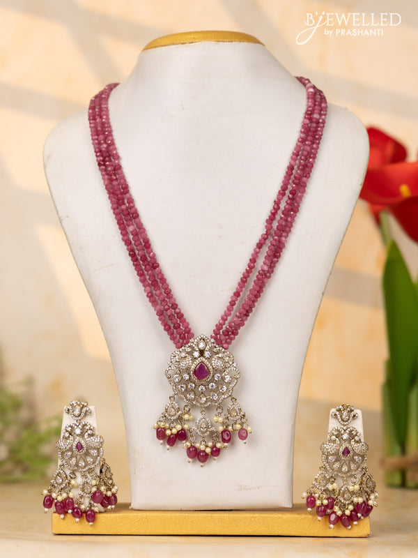 Crystal beaded pink necklace with ruby & cz stones and beads hangings in victorian finish