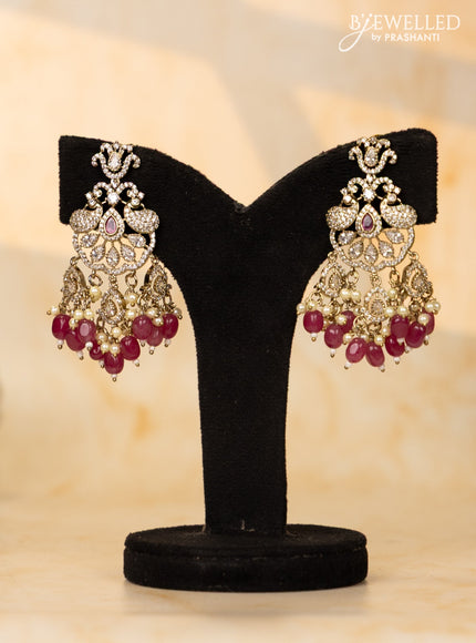 Crystal beaded pink necklace with ruby & cz stones and beads hangings in victorian finish