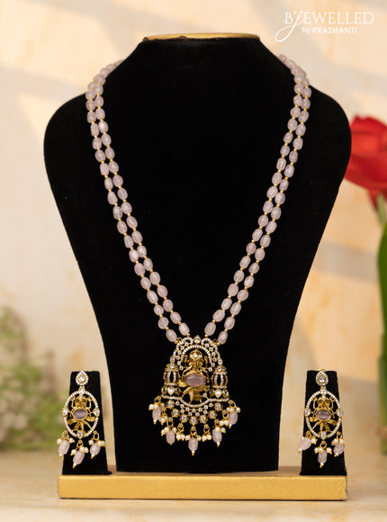 Beaded baby pink necklace ganesha pendant with cz stones and pearl & beads hangings in victorian finish