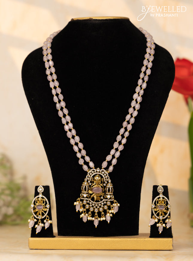 Beaded baby pink necklace ganesha pendant with cz stones and pearl & beads hangings in victorian finish