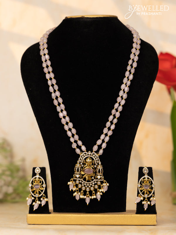Beaded baby pink necklace ganesha pendant with cz stones and pearl & beads hangings in victorian finish