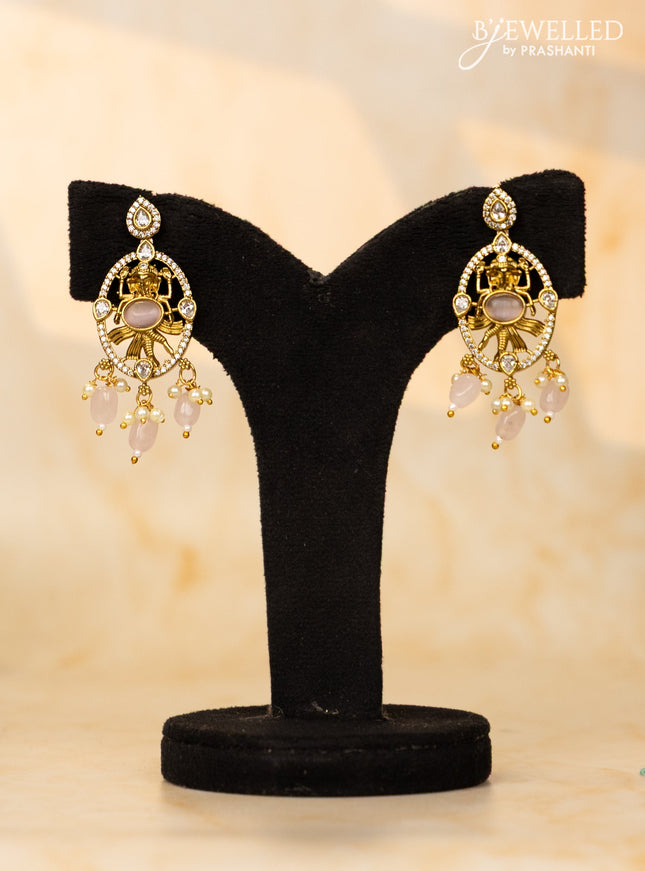 Beaded baby pink necklace ganesha pendant with cz stones and pearl & beads hangings in victorian finish
