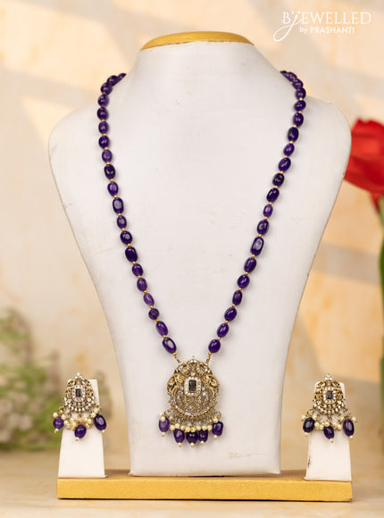 Beaded purple necklace with cz stones and pearl & beads hangings in victorian finish