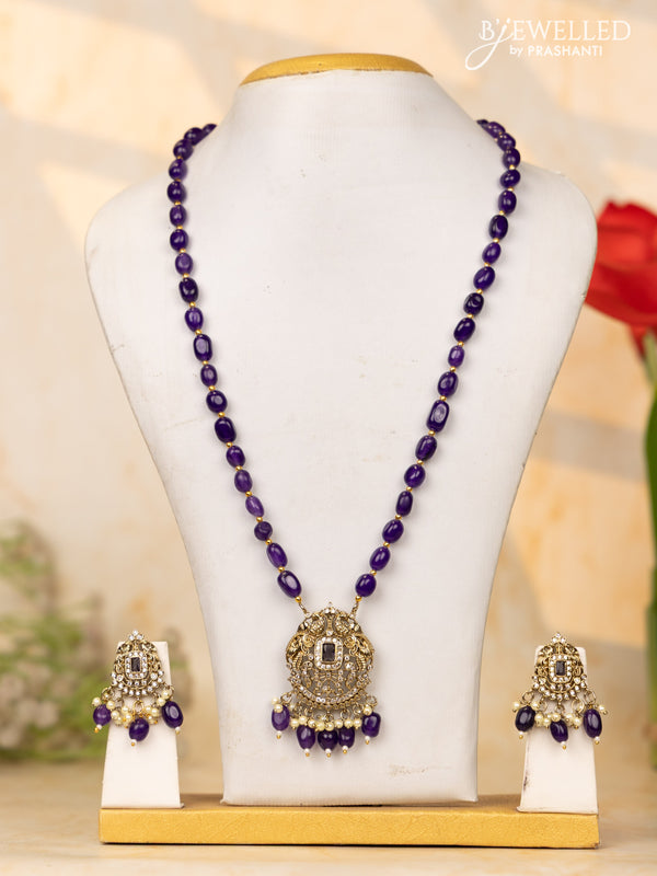 Beaded purple necklace with cz stones and pearl & beads hangings in victorian finish