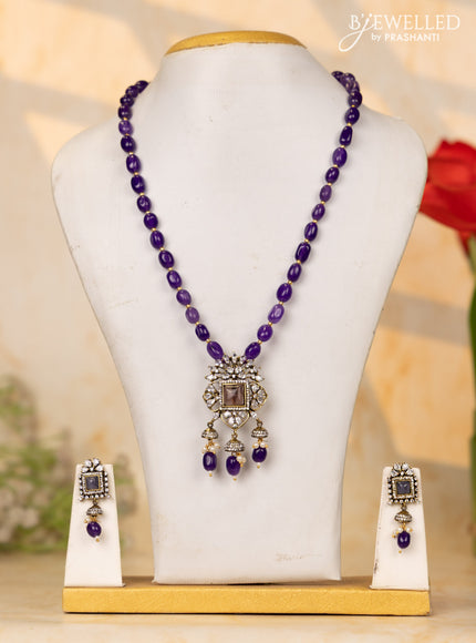 Beaded purple necklace with cz stones and pearl & beads hangings in victorian finish