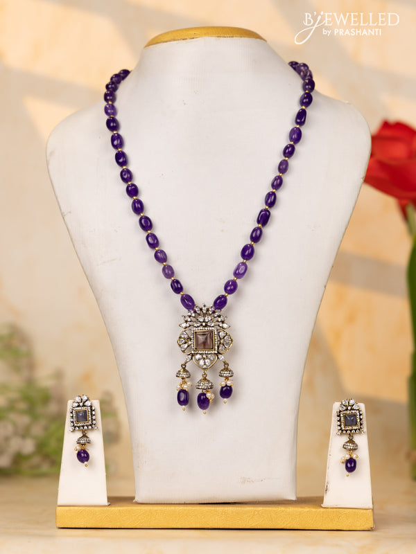 Beaded purple necklace with cz stones and pearl & beads hangings in victorian finish