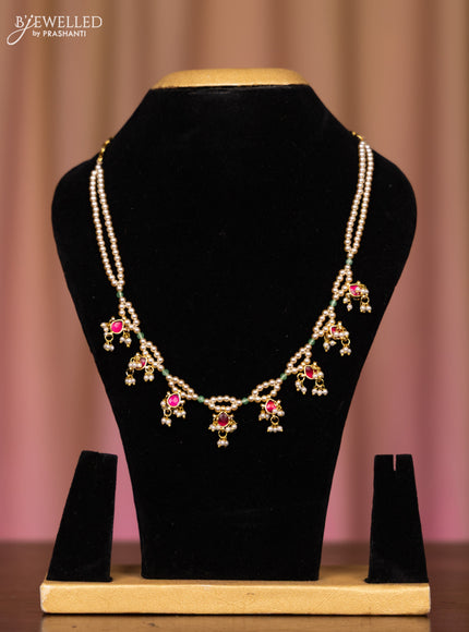 Pearl necklace with pink jadau stones in pearl hangings without earrings