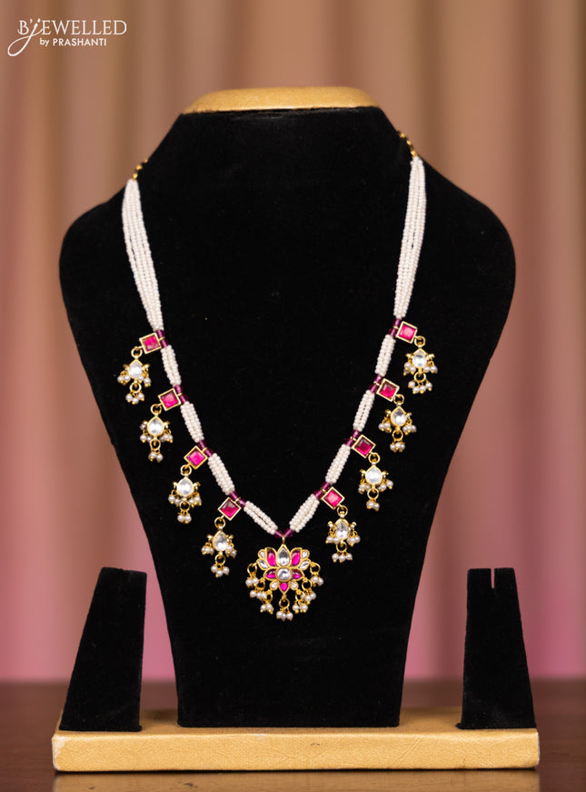 Pearl necklace lotus design with pink jadau kundan stones in pearl hangings without earrings