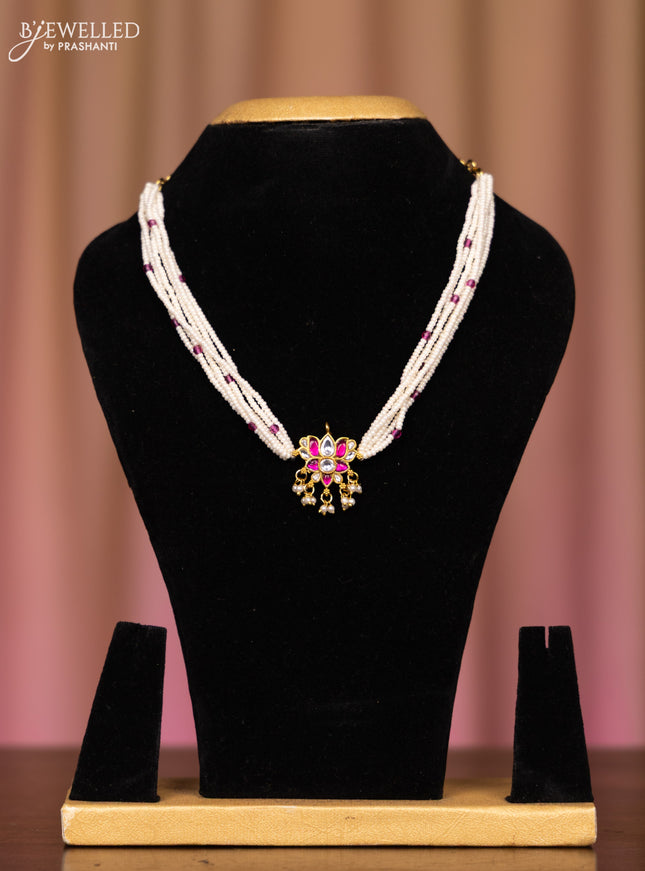 Pearl necklace lotus design with pink jadau kundan stones in pearl hangings without earrings