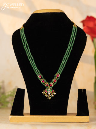 Beaded necklace lotus design with pink jadau kundan stones in pearl hangings without earrings