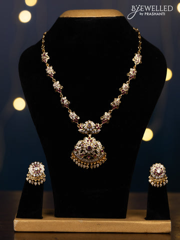Impon attigai necklace with ruby and cz stones in golden beads hangings