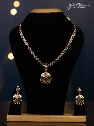 Impon attigai necklace with kemp stones in golden beads hangings
