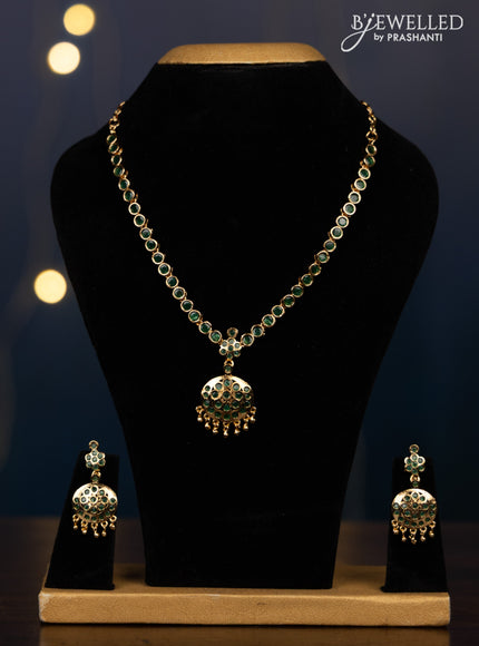 Impon attigai necklace with emerald stones in golden beads hangings