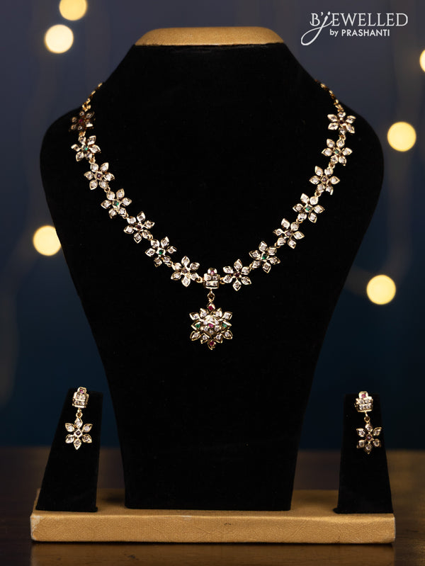 Impon attigai necklace floral design with kemp and cz stones