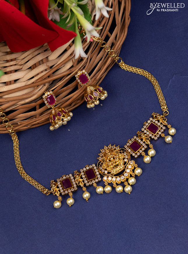 Antique choker lakshmi design with pink kemp & cz stones and pearl hangings
