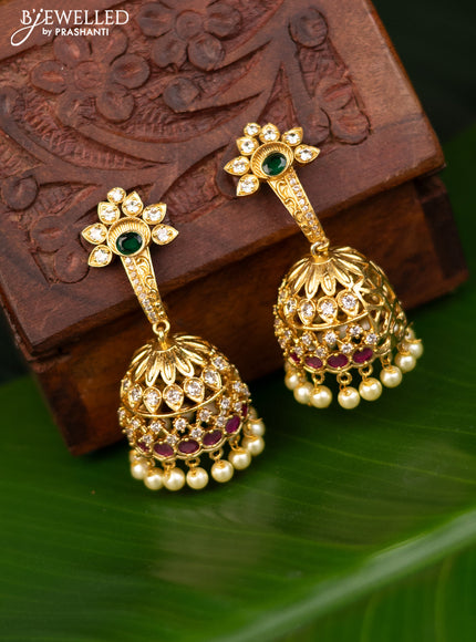 Antique jhumka with kemp & cz stones and pearl hangings