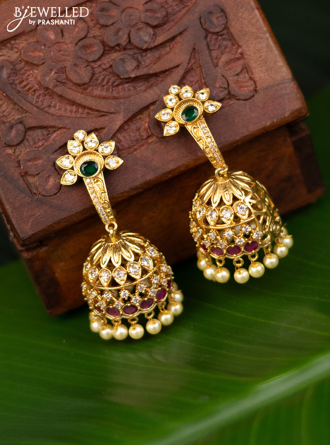 Antique jhumka with kemp & cz stones and pearl hangings