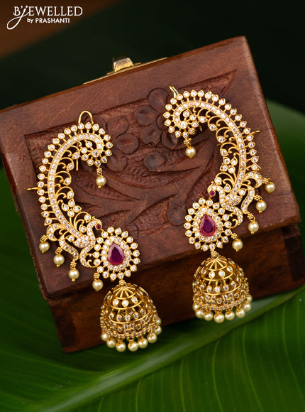 Antique jhumka with pink kemp & cz stones and pearl hangings