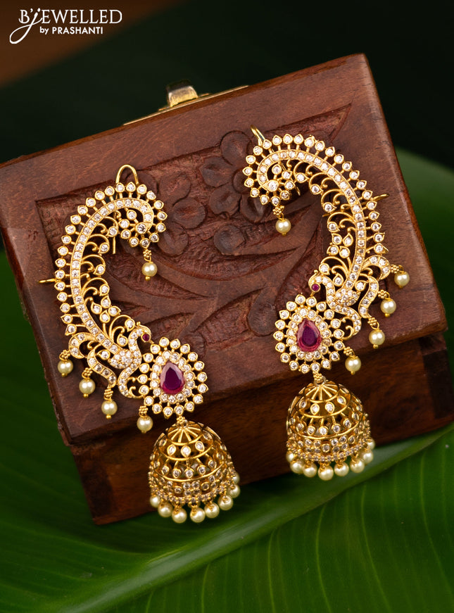 Antique jhumka with pink kemp & cz stones and pearl hangings