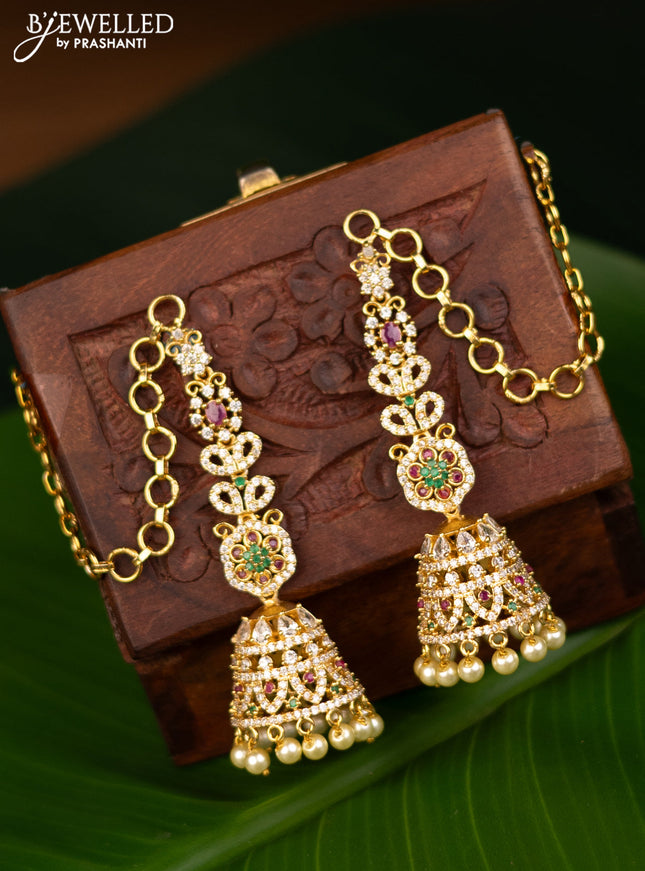 Antique jhumka with kemp & cz stones and pearl hangings