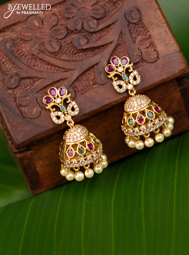 Antique jhumka with kemp & cz stones and pearl hangings
