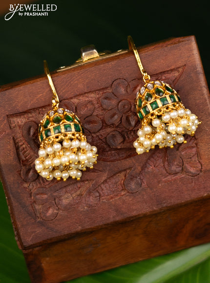 Antique hanging type jhumka with green kemp & kundan stones and pearl hangings