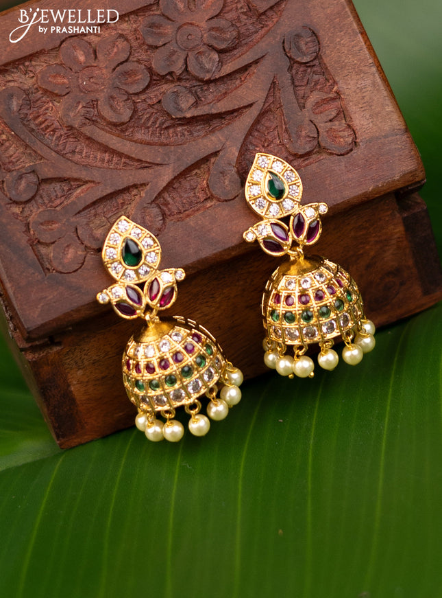 Antique jhumka with kemp & cz stones and pearl hangings