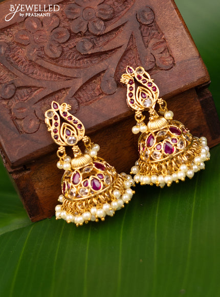 Antique jhumka with pink kemp & cz stones and pearl hangings