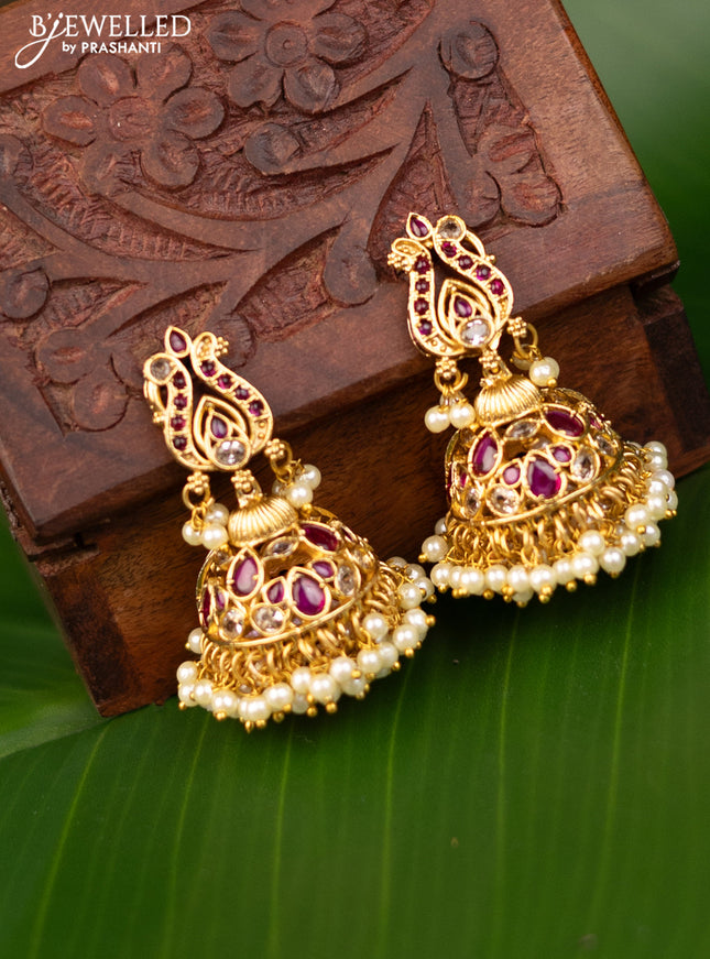 Antique jhumka with pink kemp & cz stones and pearl hangings