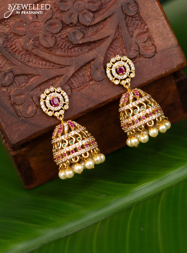 Antique jhumka with kemp & cz stones and pearl hangings