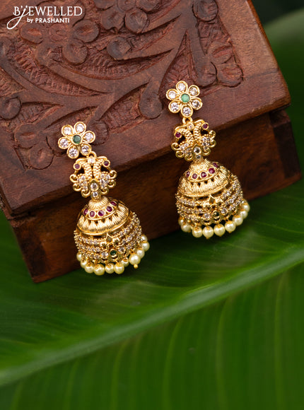 Antique jhumka with kemp & cz stones and pearl hangings