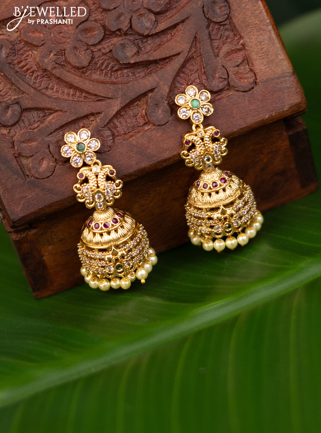 Antique jhumka with kemp & cz stones and pearl hangings