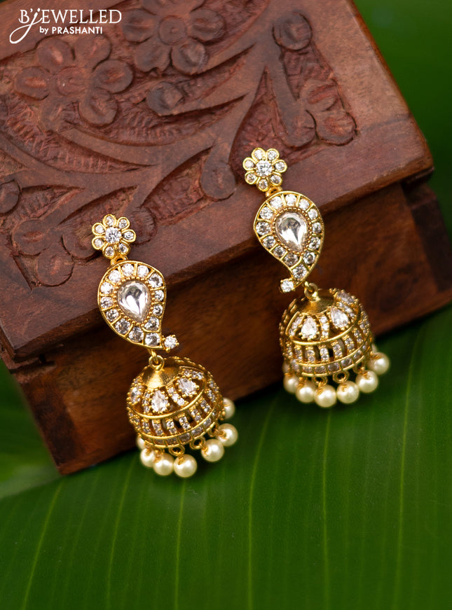 Antique jhumka with kundan & cz stones and pearl hangings