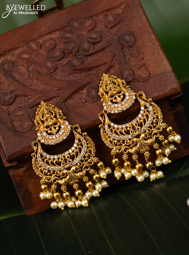 Antique earrings lakshmi design with pink kemp & cz stones and pearl hangings