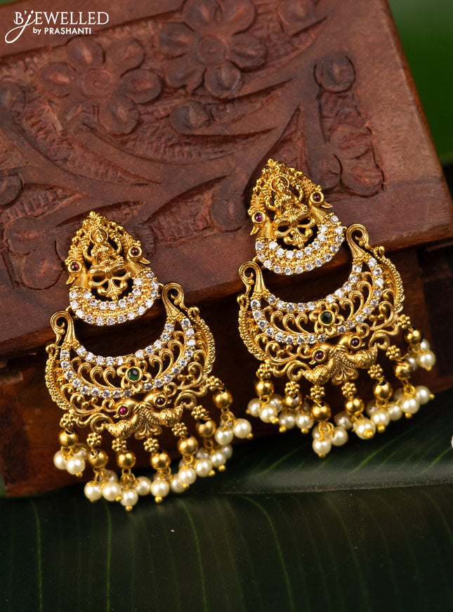 Antique earrings lakshmi design with kemp & cz stones and pearl hangings