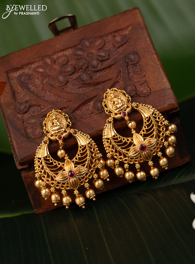 Antique earrings lakshmi design with pink kemp stones and golden beads hanging