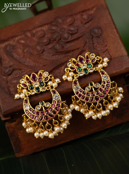 Antique earrings chandbali design with kemp & cz stones and pearl hangings
