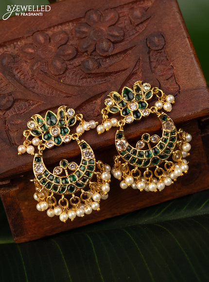 Antique earrings chandbali design with green kemp & cz stones and pearl hangings